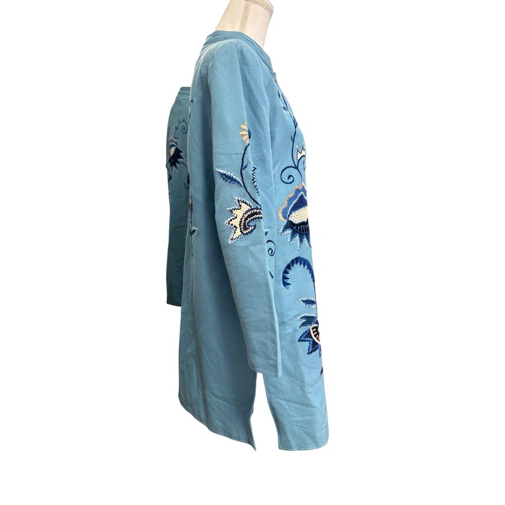 Indigo Moon Embroidered Floral Long Jacket Blue Cotton Mandarin Collar Size S - Picture 6 of 12